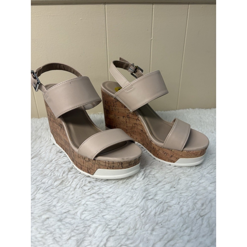 Nude‎ Faux Leather Cork Wedge Platform Sandals Buckle Ankle Strap Beige 8M